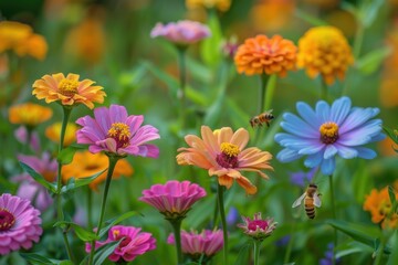 Obraz premium A field of flowers with bees flying around them