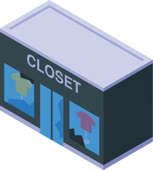 Isometric building of a clothing store with glass windows displaying t shirts