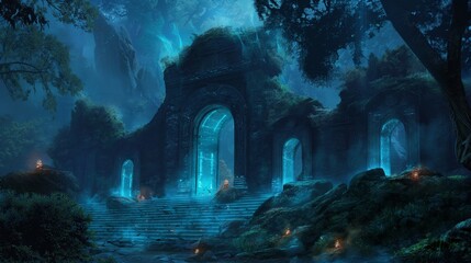 Ethereal Ruins in the Enchanted Forest with Mysterious Blue Glow at Dusk