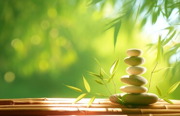 Closeup of Zen Stones and Bamboo Leaves on Empty Table with Copy Space, Blurred Greenery Spa Background with Light Pastel Colors, Ideal for Product Advertising