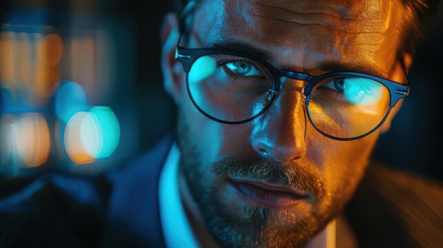 A man in glasses stares intensely into the camera, bathed in vibrant blue and orange light.
