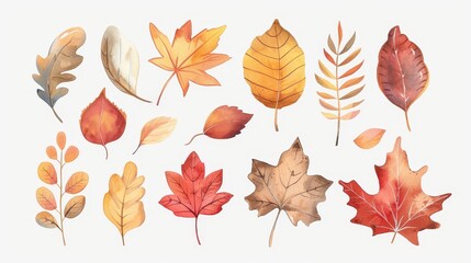 Obraz premium Autumn leaves set. Fall leaves. White background. Watercolor illustrations set