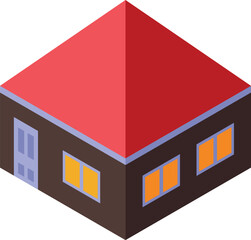 Isometric view of a house with a red roof showing windows and door