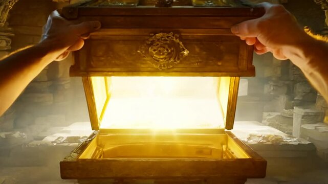 Open an ancient treasure chest that radiated light in old background