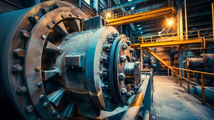 Industrial Machinery Inside Modern Factory with Bright Yellow Overhead Bridges