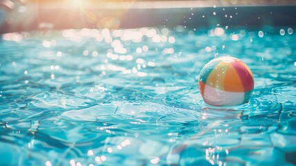 Summer holidays background with colorful beach ball floating on luxury swimming pool and copy space
