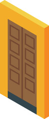 Brown double door with a yellow frame is standing on a gray floor