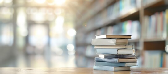 bg, blurred library background with stack of books on table in closeup, copy space for product display presentation design template and educational concept