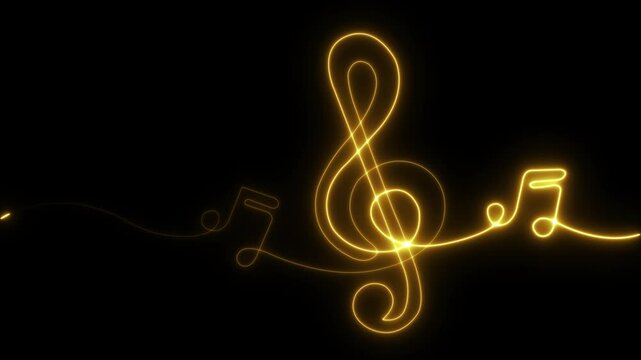 Musical notes. Music sheet. Line art. Musical symbols. Isolated on black background. Neon lines. Glowing music icons. Treble Clef. Music note. Music love. Melody, classical, sound design. Musical art