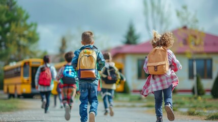 Obraz premium Little kids schoolchildren pupils students running hurrying to the school building for classes lessons from to the school bus. Welcome back to school. The new academic semester year start