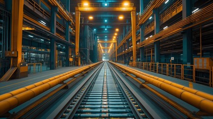 Fototapeta premium Industrial Factory Interior Showing Vast Production Line With Rails During Nighttime