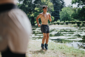 A young male athlete runs shirtless by a serene lake. The image captures the essence of summertime fitness and enjoying outdoor workouts in nature.
