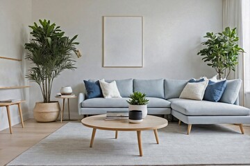 A bright living room with light wood floors and a white shiplap accent wall.