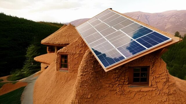 A cabin constructed with rammed earth walls and a large solar array on the roof.