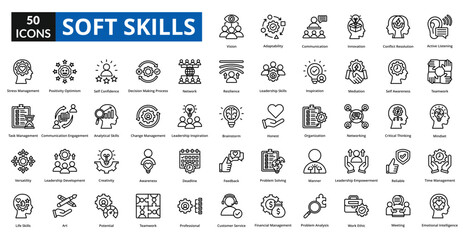 soft skills icon set collection. Active Listening, teamwork, Mindset, Time Management, Emotional Intelligence, Vision, Adaptability, Communication, innovation, Conflict Resolution
