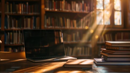 laptop and books on the table in the library, blurred background with bookshelves, sunlight, light effects, copy space concept for online education, apps or digital learning, flat lay,