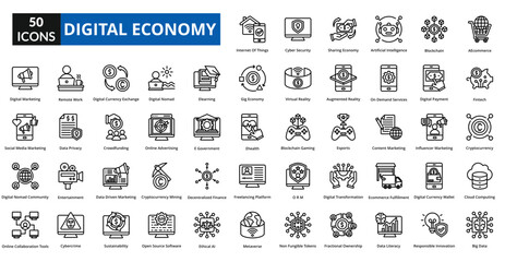 digital economy icon set collection. Ecommerce, Fintech, Cryptocurrency, Big Data, Internet of Things, Cyber Security, Sharing Economy, Artificial Intelligence, Blockchain, Digital Marketing