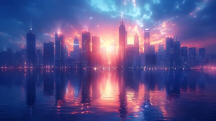  Picture of modern skyscrapers of a smart city, futuristic financial district with buildings and reflections , blue color background for corporate and business template with warm sun rays of light 