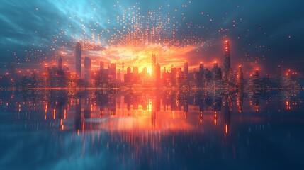  Picture of modern skyscrapers of a smart city, futuristic financial district with buildings and reflections , blue color background for corporate and business template with warm sun rays of light 