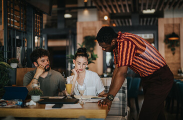Diverse team collaborating in a coffee bar. The group discusses business strategies and brainstorms ideas, showcasing teamwork and productivity.