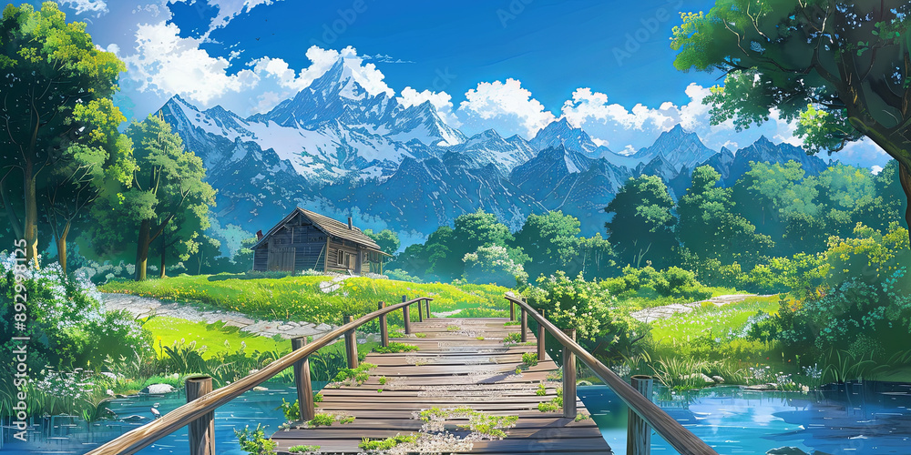 Wall mural a wooden bridge leads to the green meadow, generative AI