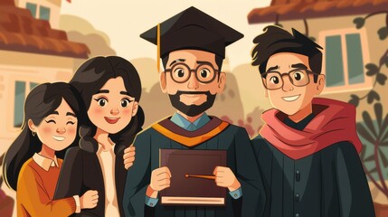 Obraz premium A joyful graduation moment featuring four friends celebrating their academic achievement together outdoors.