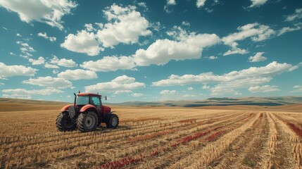A vibrant landscape featuring a red tractor in a golden field under a blue sky with fluffy clouds, ideal for agriculture themes.