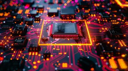 Obraz premium Close-up of a vibrant microchip on a circuit board, showcasing intricate designs and colorful LED lights for technology enthusiasts.