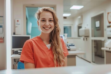 Smiling Young Woman in Red Scrubs at a Medical Facility