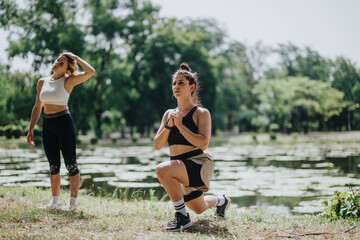 Two women exercising by the lake in a park, enjoying a sunny day. One is stretching, while the other is lunging, capturing the essence of outdoor fitness.