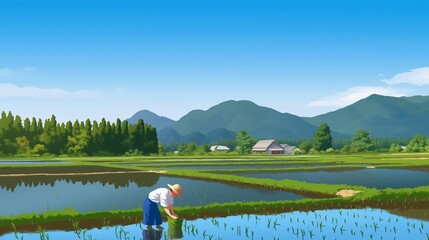 Naklejka premium 田植えをしている農家、日本の田舎1