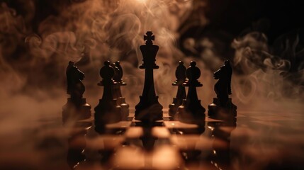 Chess figures on a dark background with smoke and fog. Epic chess game illustration. Chess game concept. Chess pieces on a chessboard, blurred background