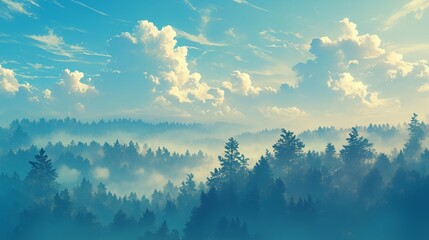 霧がかかった森の風景、朝17