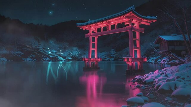 Serene japanese temple scene, red torii gate reflected in calm water, sakura cherry blossom trees lining path, moonlit nightscape with starry sky, mystical neon glowing lights, illustrative digital ar
