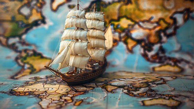  Old sailing ship model on world map , exploration and explorer concept image 