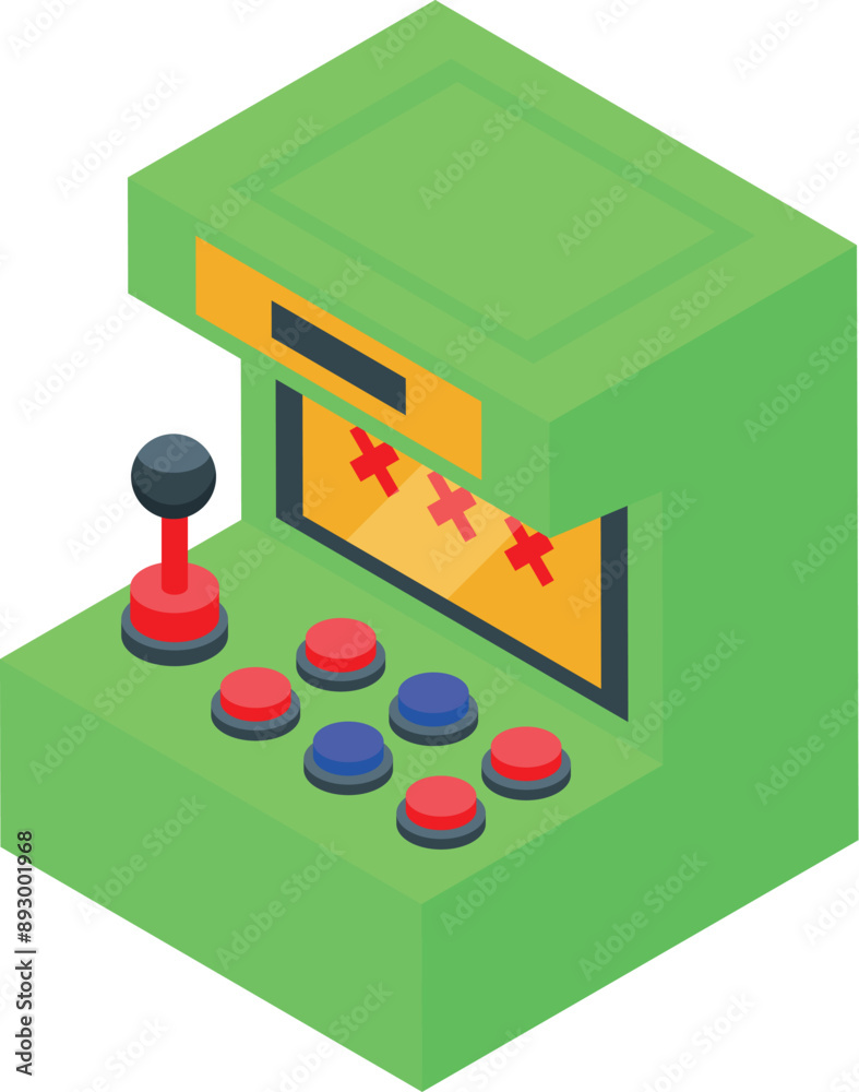 Poster green arcade game machine with joystick and buttons displaying game over screen