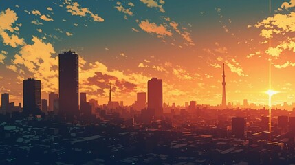 Fototapeta premium 都会の高層ビルのシルエット、夕日9