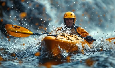 Fototapeta premium Close-up of a man athlete in a canoe canoeing at a slalom competition 