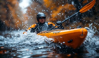 Fototapeta premium Close-up of a man athlete in a canoe canoeing at a slalom competition 