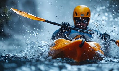 Fototapeta premium Close-up of a man athlete in a canoe canoeing at a slalom competition 