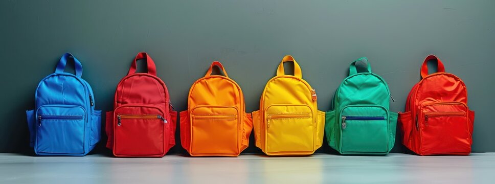 Colorful school backpacks isolated on white background, copy space concept. group of colorful backpacks in row isolated on gray background, front view