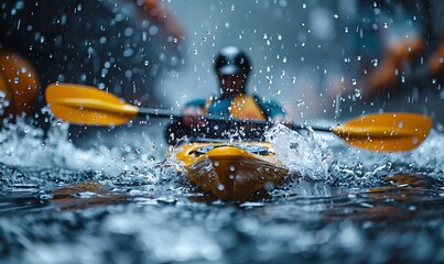 Naklejka premium Close-up of a man athlete in a canoe canoeing at a slalom competition 