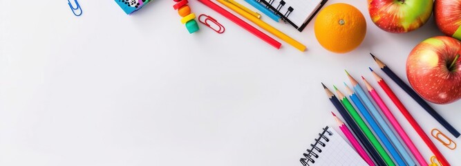 Cute colorful school supplies on a white background with copy space, in a top view. Back to School concept banner design.