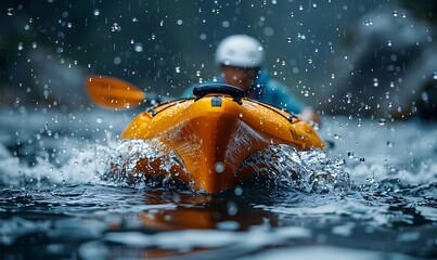 Fototapeta premium Close-up of a man athlete in a canoe canoeing at a slalom competition 
