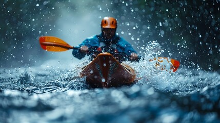 Naklejka premium Close-up of a man athlete in a canoe canoeing at a slalom competition 