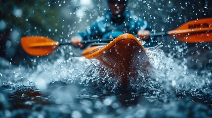 Fototapeta premium Close-up of a man athlete in a canoe canoeing at a slalom competition 
