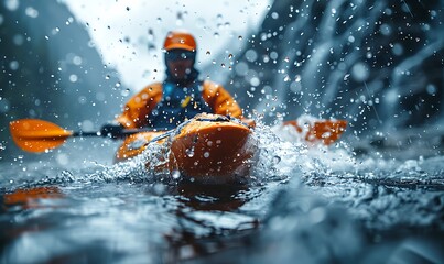 Fototapeta premium Close-up of a man athlete in a canoe canoeing at a slalom competition 
