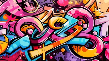 Naklejka premium Colorful graffiti painting adorns a textured brick wall creating a striking urban art display