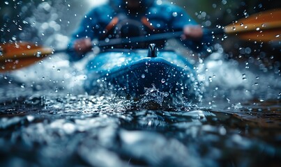  Close-up of a man athlete in a canoe canoeing at a slalom competition 
