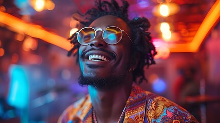 Obraz premium Afro American male in a night club wearing sunglasses, young man in a nightclub 